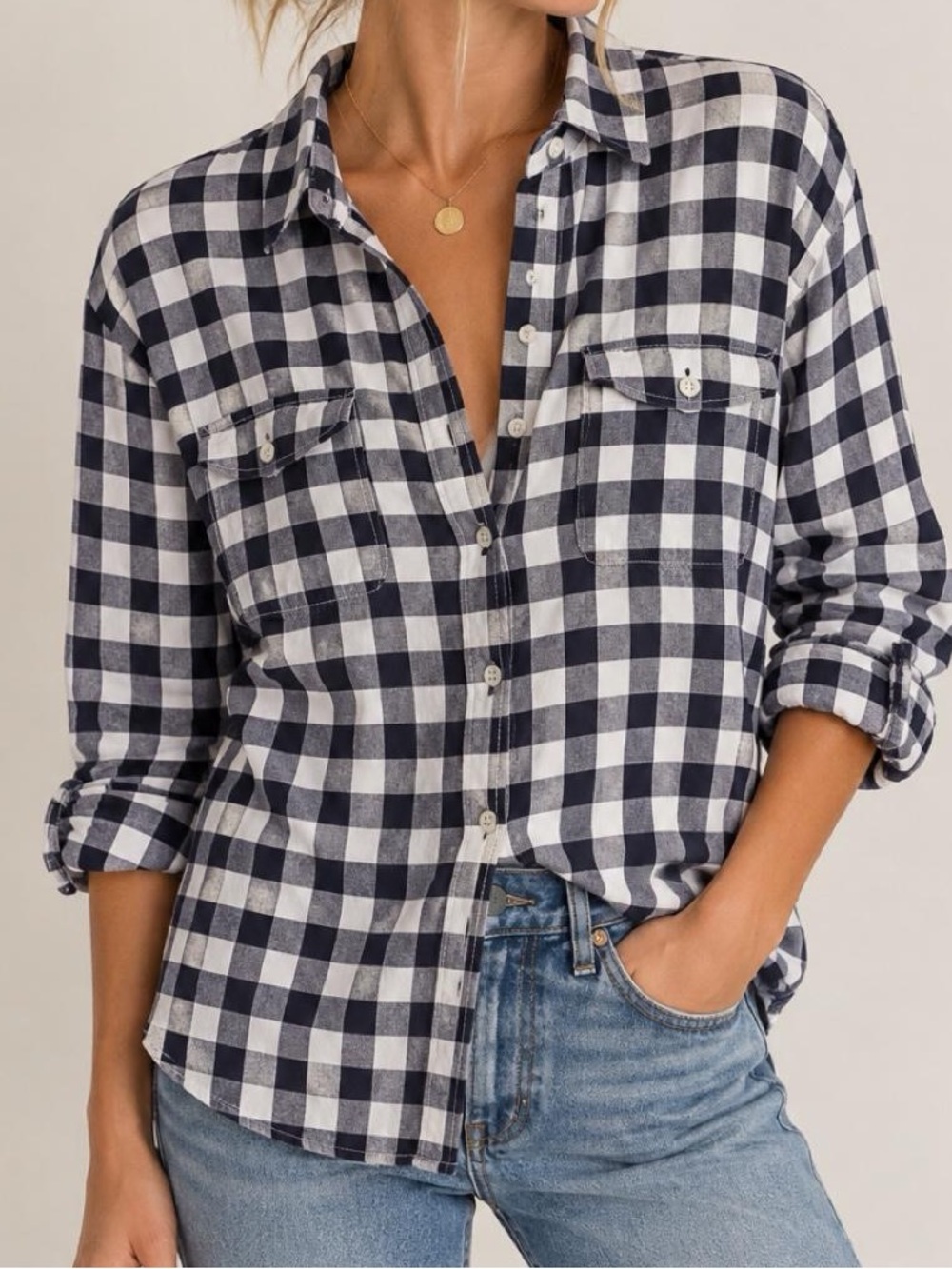 J.Crew Perfect Fit Navy and White Gingham Button-Down Shirt 100% Cotton Small
